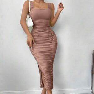 Elegant Ruched Brown Midi Dress